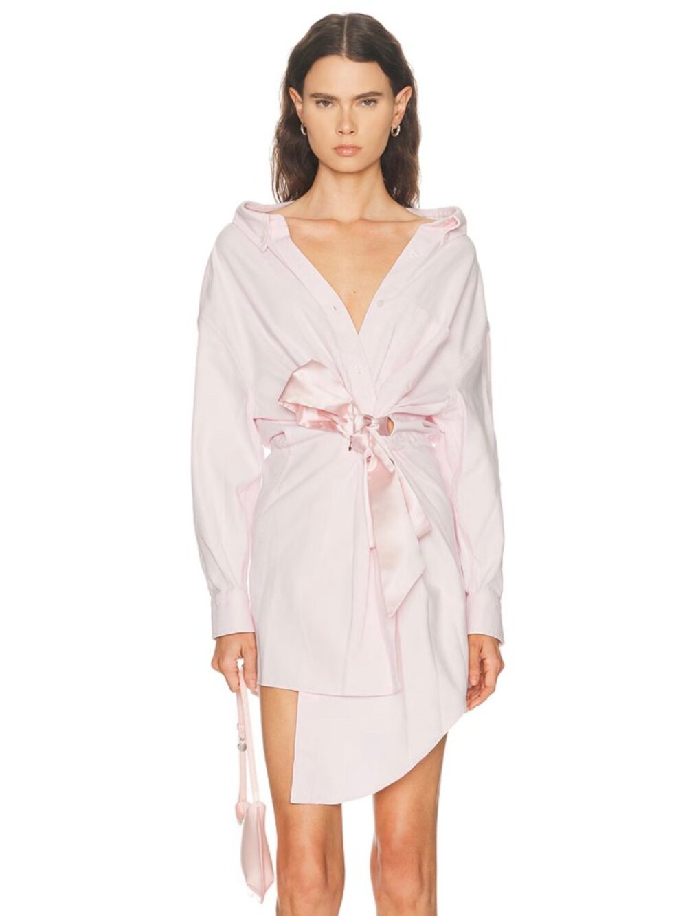 AREA  ,Satin Knot Oxford Shirt Dress - baby pink L